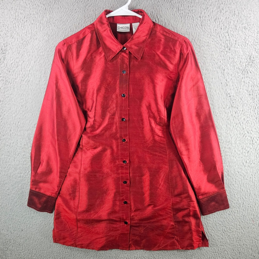 Chico's Red 100% Silk Button Down Shirt Longline Velvet Trim Cuffs Size 0 XS